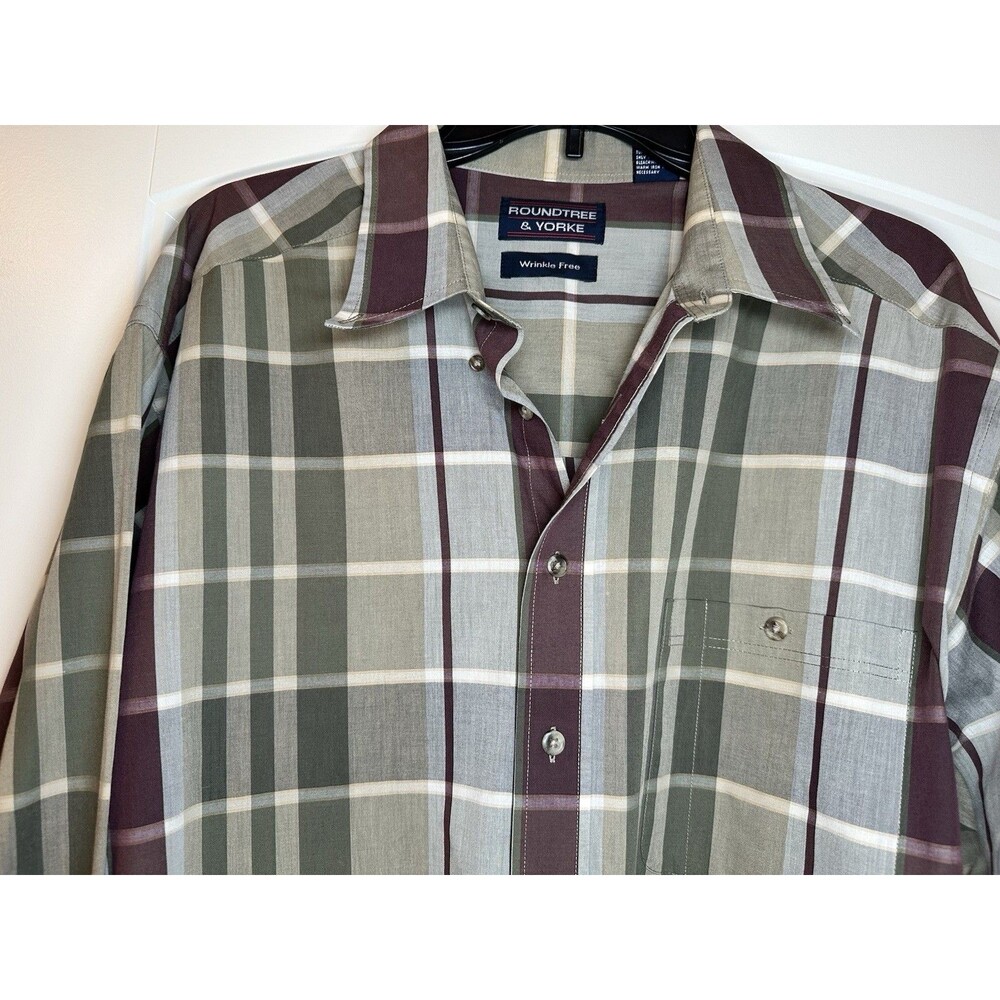 Roundtree & Yorke Shirt Men Size XL Dress Plaid Non Iron Collar Button Down Brow - Picture 2 of 9